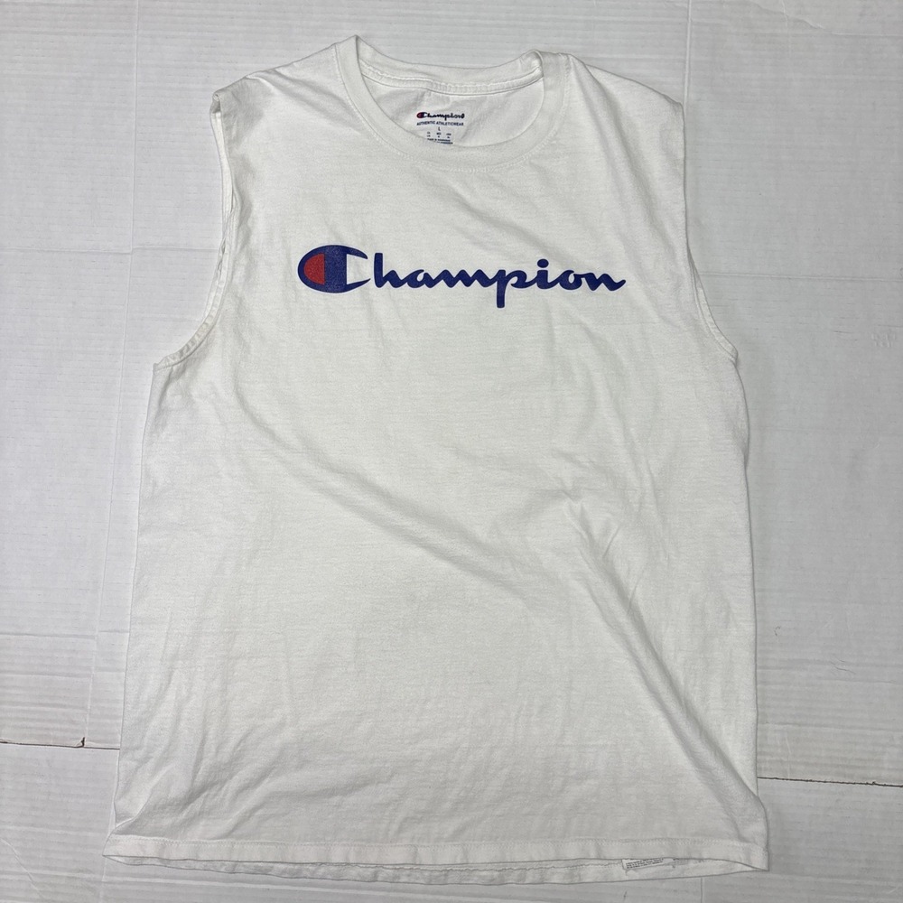 Champion Men's Tank Top Large White Logo Sleeveless Athletic Casual T-Shirt